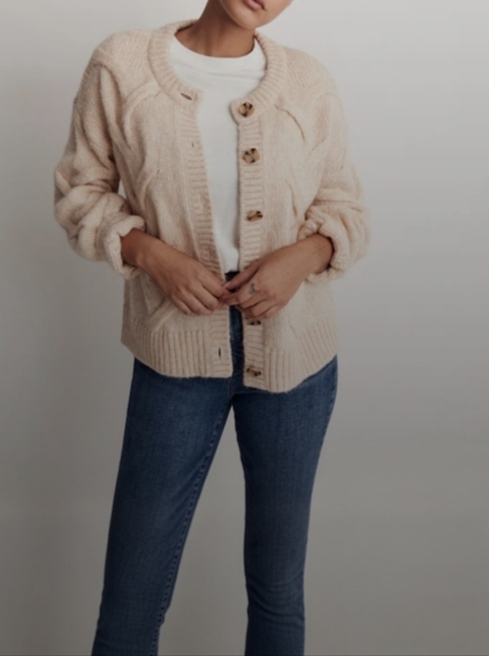 Madewell XL Cable Ashmont Cardigan Sweater Cream Wool NH939 NEW